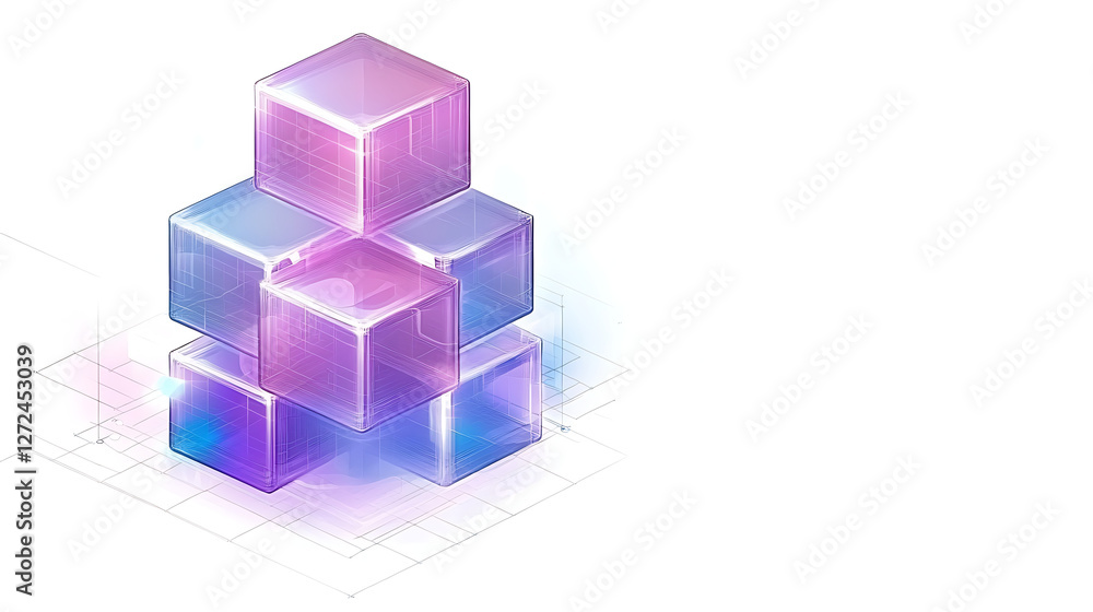 Poster stacked translucent gradient cubes arrangement abstract digital composition visual art design.