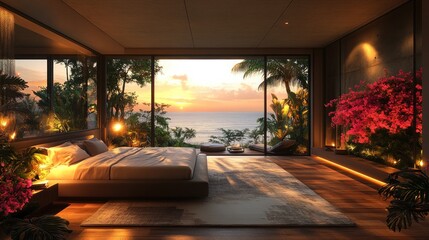Fototapeta premium Luxurious Ocean View Bedroom Sunset Tranquility