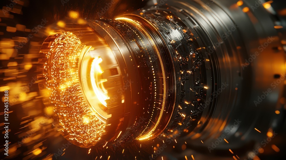 Poster close-up view of jet engine with glowing elements and sparks