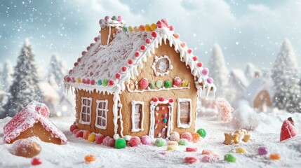 Gingerbread House in Snowy Winter Scene