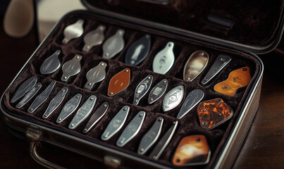 Group of shiny guitar picks and a tuner neatly arranged, showcasing musical elegance and precision