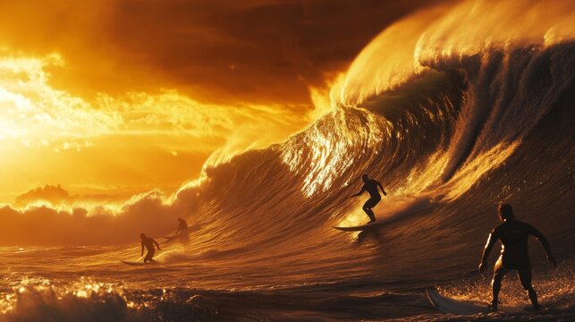 Golden Hour Surf, Epic Wave Riders, Dramatic Sunset
