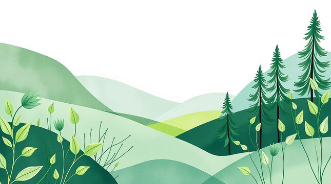 A serene nature-inspired illustration featuring rolling green hills, pine trees, and lush foliage in a soft watercolor style. The calming landscape exudes freshness, tranquility, and environmental bea