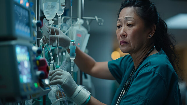 Life-Saving Support: A dedicated healthcare professional, focused intently on administering essential medical equipment, ensures critical care in a controlled environment.