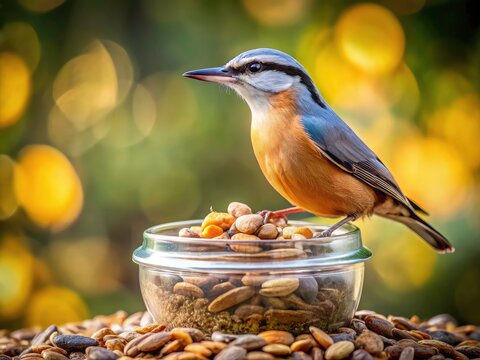 Double exposure showcases a nuthatch on a food jar; stunning wildlife and nature photography.
