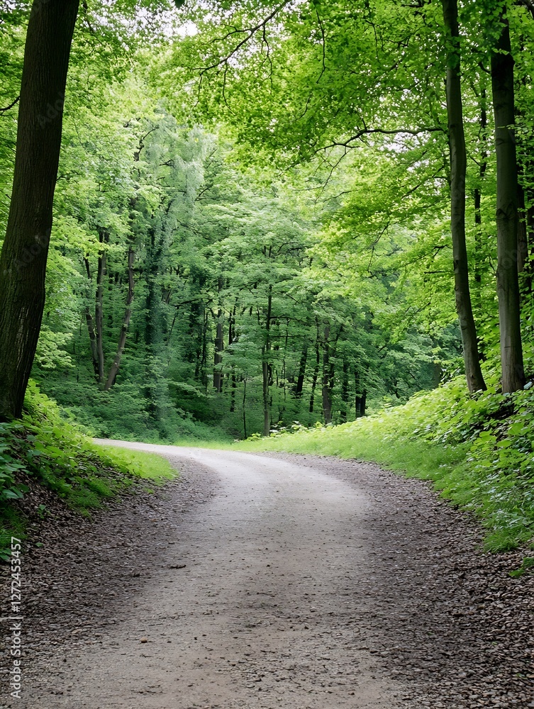Poster serene curved path through lush green forest surrounded by vibrant nature : generative ai