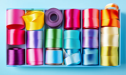 Selection of vibrant ribbons neatly arranged in delicate display inspire creativity and aesthetic elegance