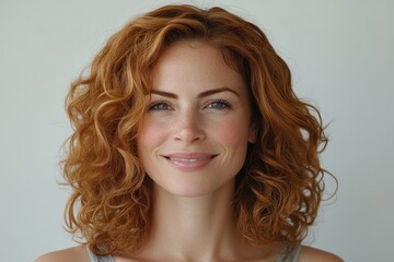 Naklejka premium Smiling redhead woman with curly hair. Ideal for beauty, fashion, or health websites.