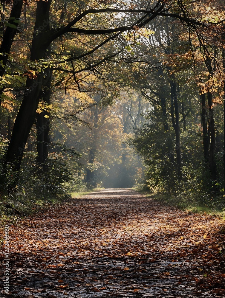 Aufkleber serene autumn pathway with sunlight filtering through forest trees : generative ai