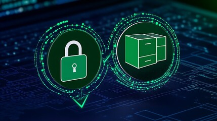 Digital Security Concept with Lock Icon and Storage Symbols