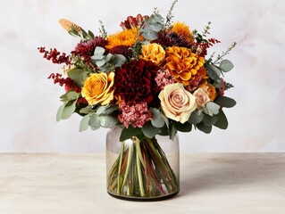 A vibrant autumn bouquet featuring roses, chrysanthemums, and greenery in a glass vase