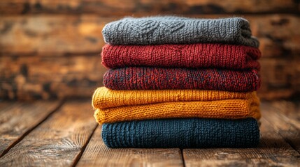 A stack of neatly folded clothing in rich autumn colors sits atop a wooden surface, evoking a sense of warmth and comfort. The inviting textures suggest a seasonal transition