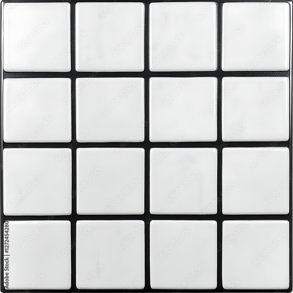 Poster structured array of sixteen white tiles set against a dark interstitial grid with rounded edges.