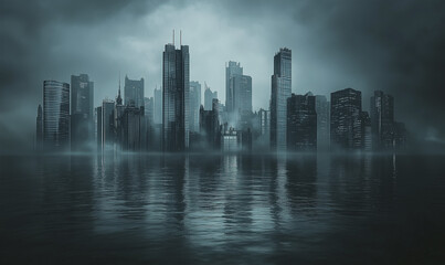 Naklejka premium Futuristic Cityscape Submerged In A Great Flood With Skyscrapers Peering Through The Rising Waters