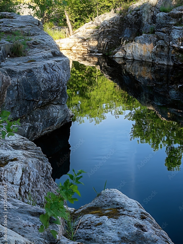 Aufkleber serene rocky landscape with clear water reflection in nature setting : generative ai