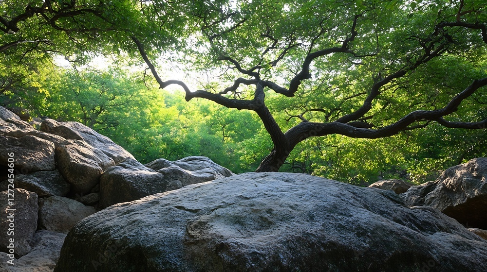 Poster Serene Nature Scene with Green Trees and Rocks in Calm Forest Setting : Generative AI