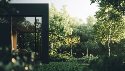 Modern Glass House Design nestled in Lush Forest, Tranquil Bedroom View, Serene Nature Escape.