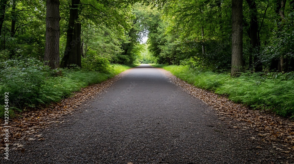 Poster tranquil walking path surrounded by lush green trees and fresh foliage leading into nature : generat