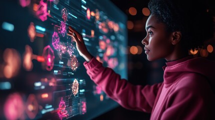 Conceptual image of a smart futuristic leisure hub featuring an interactive holographic display and gesture based control system  The environment showcases a dynamic vibrant