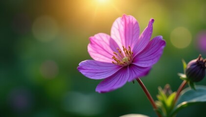 Intricate purple flower, delicate leaves, sunlight, photography, shadow, spring