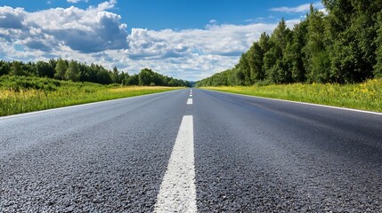 Fototapeta premium Wide Open Country Road Surrounded by Lush Greenery and Blue Sky : Generative AI