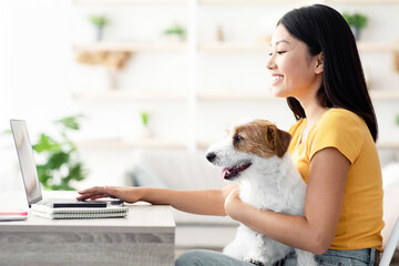 Pretty millennial asian woman in casual freelancer working from home with her cute fluffy doggy, typing on laptop keyboard, holding jack russel dog on her lap, side view, copy space