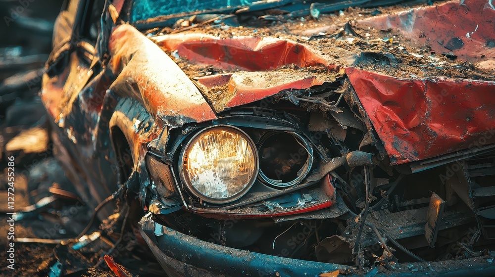Poster macro shot of twisted and broken metal from a deteriorated vehicle