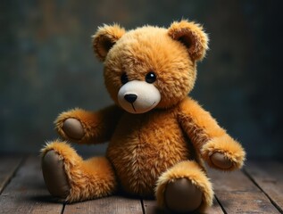Obraz premium Brown teddy bear sitting on wooden floor conveys loneliness