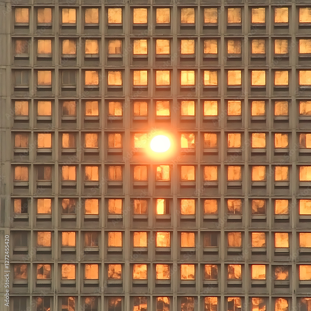 Poster sunlit building facade with reflected sunlight creating a grid pattern of light and shadow.
