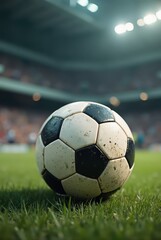 Fototapeta premium Soccer ball resting on lush green field in stadium: ready for kick-off