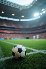 Soccer ball resting on field in large stadium during match