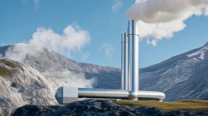 Fototapeta premium Geothermal Power Plant with Silver Silos Against a Mountainous Background and Blue Cloudy Sky
