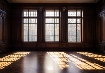 Empty Room with Large Windows and Wooden Interior Detailing