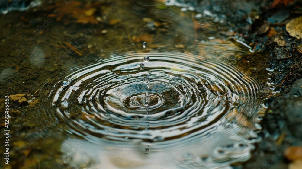 Poster macro view of a single water droplet creating ripples on surface