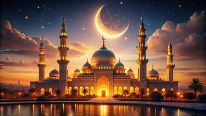 Majestic Mosque Glowing at Night, Crescent Moon, Bokeh, Islamic Architecture, Ramadan
