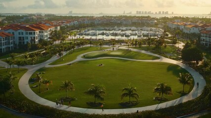 A beautiful evening unfolds as the sun sets over a marina surrounded by upscale residences. Palm trees sway gently in the breeze while people enjoy leisurely activities on the green lawns
