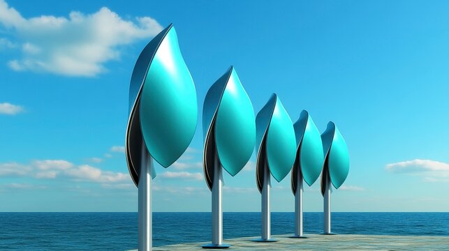 Minimalist Array of Vertical Axis Wind Turbines Over Calm Ocean Under Bright Daylight Sky