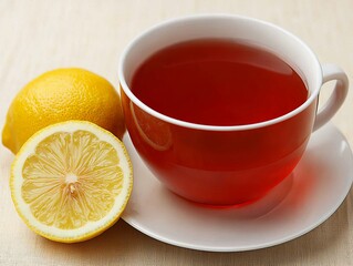 A vibrant cup of herbal tea with fresh lemon slices on a light table setting