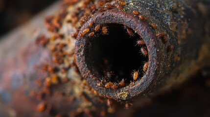 Detailed Macro Shot of Small Insects and Mites on Rusted Pipe