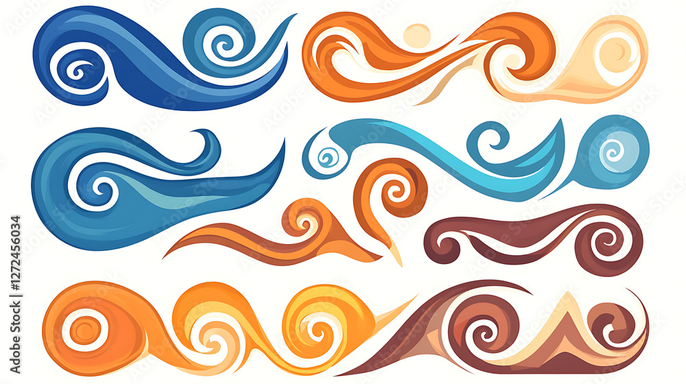 Poster swirling color patterns abstract decorative elements for artistic design and creative projects.