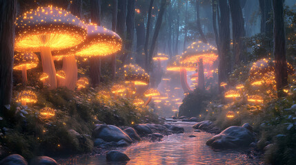 Naklejka premium Enchanted forest glowing mushrooms creek fantasy nature. Otherworldly Luminous Creatures. Illustration