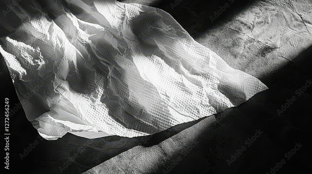 Poster crumpled paper towel on textured surface with soft shadows
