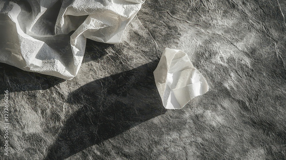 Poster crumpled paper towel on textured background with dappled light