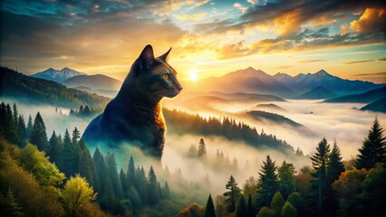 Majestic Mountain Cat: Double Exposure Drone Photography of Feline Silhouette in Forest Landscape