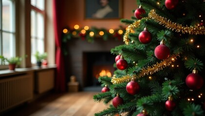 Classic Christmas tree, red ornaments, gold garland, cozy room , home decor, evergreen