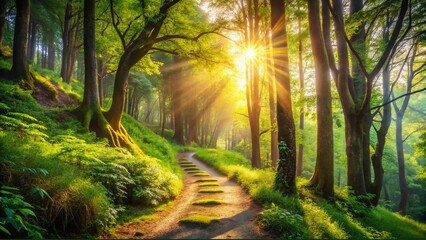 Obraz premium Majestic Mountain Forest Path: Serene Nature Hiking Trail Scene