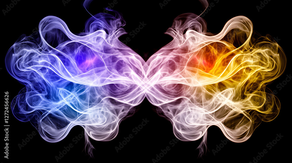 Poster symmetrical smoke abstraction with vibrant colors on black background for art and design projects.
