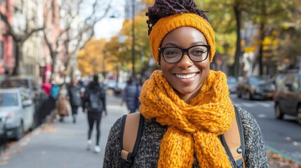 Smiling Woman in Orange Scarf on Autumn City Street