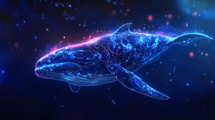 Fototapeta premium Luminous whale swimming through glowing digital ocean. Otherworldly Luminous Creatures. Illustration