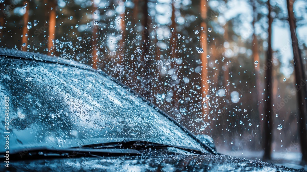 Poster raindrops splashing on car window in a misty forest setting